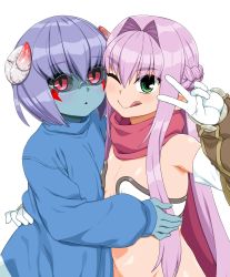 Rule 34 | 2girls, blue hair, blue skin, blush, braid, breasts, butakoma 300g, character request, colored skin, elbow gloves, covered erect nipples, french braid, glasses, gloves, green eyes, hair intakes, highres, horns, long hair, looking at viewer, mikami (vitamin quest), multiple girls, open mouth, pink hair, pointy ears, red eyes, short hair, simple background, small breasts, smile, v, vitamin quest, white background