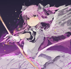 Rule 34 | 10s, 1girl, bad id, bad pixiv id, bow, bow (weapon), dress, gloves, gradient background, hair bow, hair ribbon, kaname madoka, long hair, magical girl, mahou shoujo madoka magica, mahou shoujo madoka magica (anime), mogawn, pink hair, ribbon, solo, twintails, two side up, ultimate madoka, weapon, white wings, wings, yellow eyes