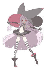 Rule 34 | 1girl, blush, boots, commentary request, full body, gloves, hat, highres, ken (koala), long hair, original, outstretched arms, panties, photoshop (medium), red eyes, side-tie panties, simple background, skirt, solo, standing, striped clothes, striped thighhighs, thighhighs, underwear, very long hair, white background, white hair, white panties