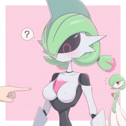 Rule 34 | 2girls, ?, arm at side, black sclera, black skin, blue hair, blush, bob cut, border, breasts, collarbone, colored sclera, colored skin, creatures (company), disembodied hand, female focus, game freak, gardevoir, gen 3 pokemon, green hair, green skin, hair over one eye, highres, humanoid robot, iron valiant, looking at another, looking down, medium breasts, mohawk, multicolored hair, multicolored skin, multiple girls, nintendo, nipples, notice lines, one eye covered, open mouth, outside border, pink background, pixel eyes, pointing, pointing at another, pokemon, pokemon (creature), red eyes, red hair, robot, short hair, simple background, solo focus, speech bubble, spoken question mark, standing, twintails, two-tone skin, upper body, white border, white skin, x (zvkm7328)