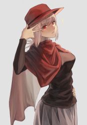 Rule 34 | 1girl, black shirt, breasts, casual, fate/grand order, fate (series), florence nightingale (fate), from side, long hair, looking at viewer, makitoshi0316, official alternate costume, pink hair, red eyes, red headwear, shirt, simple background, skirt, solo, v
