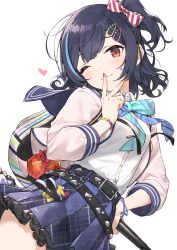 Rule 34 | 1girl, ;), belt, belt buckle, black belt, black hair, blue hair, blue sailor collar, blue skirt, blush, bow, breasts, buckle, closed mouth, collared shirt, commentary, diagonal stripes, dress shirt, facial mark, frilled skirt, frills, hair bow, hair ornament, hairclip, hand on own hip, hand up, hayashi kewi, heart, highres, idolmaster, idolmaster shiny colors, jacket, morino rinze, multicolored hair, multicolored nails, nail polish, one eye closed, one side up, open clothes, open jacket, pleated skirt, red eyes, red nails, sailor collar, shirt, simple background, skirt, small breasts, smile, solo, star (symbol), streaked hair, striped, striped bow, v, white background, white jacket, white shirt, yellow nails