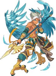 Rule 34 | 1boy, antenna hair, aqua gloves, arm warmers, artist request, aurore (world flipper), barefoot, bird legs, blue eyes, blue fur, blue wings, body fur, bridal gauntlets, brown pants, claws, closed mouth, dark-skinned male, dark skin, feathered wings, feathers, fighting stance, full body, gem, gloves, grey hair, hair intakes, halberd, hand up, harpy boy, highres, holding, holding polearm, holding weapon, jewelry, knee pads, legs apart, male focus, monster boy, multicolored hair, necklace, non-web source, official art, outstretched arm, pants, pelvic curtain, polearm, red gemstone, short hair, simple background, skin tight, solo, toned, toned male, topless male, transparent background, two-handed, two-tone hair, v-shaped eyebrows, weapon, white hair, wings, world flipper