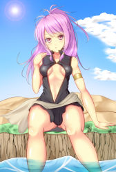 Rule 34 | 1girl, armlet, breasts, cleavage cutout, clothing cutout, fire emblem, fire emblem: the sacred stones, long hair, marisa (fire emblem), navel, nintendo, noeomi, ponytail, purple eyes, purple hair, sitting, small breasts, soaking feet, solo, water