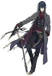 Rule 34 | 1boy, belt, black hair, black pants, brown footwear, cane, chain, chain, coat, gold chain, gold trim, grey eyes, grimms notes, highres, horns, long hair, official art, pale skin, pants, skeleton, solo, trench coat, white background, zaza (x-can01)