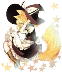 Rule 34 | 1girl, animal ears, apron, black hat, black skirt, black vest, blonde hair, blush, boots, bow, braid, brown footwear, eyebrows, fox ears, fox tail, frilled apron, frilled skirt, frills, from side, full body, hair bow, hand on headwear, hat, holding, juliet sleeves, kemonomimi mode, kirisame marisa, long hair, long sleeves, piyokichi, profile, puffy sleeves, purple bow, side braid, single braid, sketch, skirt, solo, star (symbol), tail, touhou, vest, waist apron, white background, witch hat, yellow eyes, youkai fox (touhou), youkai fox (wild and horned hermit)