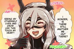 Rule 34 | 1girl, domino mask, english text, engrish text, closed eyes, fire emblem, fire emblem heroes, grey hair, horns, long hair, mask, nintendo, nyawn5, open mouth, ranguage, solo, tearing up, thrasir (fire emblem), upper body