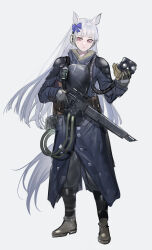 Rule 34 | 1girl, absurdres, alternate costume, animal ears, armor, astra militarum, belt, black footwear, blue coat, boots, bow, breastplate, closed mouth, coat, directed-energy weapon, echj, energy gun, energy weapon, explosive, frown, full body, gas mask, gloves, gold ship (umamusume), greaves, grenade, grey background, grey hair, gun, hair bow, highres, holding, holding gun, holding mask, holding weapon, horse ears, horse girl, horse tail, laser gun, laser weapon, lasgun, lips, long hair, long sleeves, looking at viewer, mask, pink eyes, pouch, shoulder armor, solo, tail, umamusume, unworn mask, utility belt, warhammer 40k, weapon