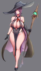 Rule 34 | 1girl, asymmetrical gloves, bare shoulders, black footwear, black gloves, breasts, cleavage, commentary request, covered erect nipples, covered navel, curvy, dantes ward, full body, gloves, grey background, hair over one eye, hat, high collar, highres, holding, holding staff, large areolae, large breasts, long hair, mature female, original, panties, purple eyes, purple hair, revealing clothes, shoes, side-tie panties, sideboob, sidelocks, simple background, solo, staff, standing, tachi-e, thick thighs, thighs, underwear, uneven gloves, very long hair, witch, witch hat