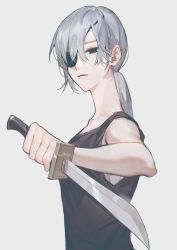 Rule 34 | 1girl, bare shoulders, black eyes, black tank top, chainsaw man, chinese commentary, commentary request, dagger, expressionless, eyepatch, from side, grey background, grey hair, half-closed eyes, highres, holding, holding dagger, holding knife, holding weapon, knife, long hair, looking at viewer, low ponytail, no pupils, one eye covered, ponytail, quanxi (chainsaw man), simple background, solo, swept bangs, tank top, tefco, upper body, weapon, white background