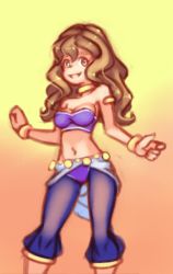 Rule 34 | 1girl, armlet, bracelet, breasts, brown eyes, brown hair, choker, cleavage, collarbone, dancer, drantyno, gradient background, grin, harem outfit, harem pants, harry potter (series), hermione granger, jewelry, long hair, looking at viewer, medium breasts, midriff, navel, orange background, pants, purple pants, purple shirt, shirt, skirt, smile, standing, strapless, teeth, tube top, two-tone background, white skirt, wizarding world, yellow background