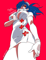 Rule 34 | 1girl, 2013, between breasts, blue hair, breasts, character name, copyright name, cowboy shot, from below, gloves, hat, kinako (marubotan), large breasts, latex, latex gloves, mouth hold, mouth mask, nurse cap, ponytail, red background, red eyes, skullgirls, solo, surgical mask, valentine (skullgirls)