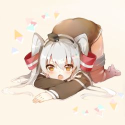 Rule 34 | 10s, 1girl, all fours, amatsukaze (kancolle), atsumi jun, brown eyes, hair tubes, kantai collection, long hair, looking at viewer, open mouth, silver hair, solo, thighhighs, top-down bottom-up, two side up