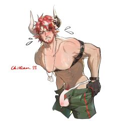 Rule 34 | 1boy, abs, animal ears, arknights, artist request, bara, beard, blush, bulge, bulge lift, chest harness, cow boy, cow ears, cow horns, dog tags, dressing, facial hair, green pants, harness, highres, horns, humus (arknights), i&#039;ve never seen a guy recreate this successfully tbh (meme), large pectorals, leaning forward, male focus, male lactation, male underwear, mature male, meme, multicolored hair, muscular, muscular male, navel, navel hair, nipples, open pants, pants, pants lift, pectorals, precum, precum through clothes, red hair, see-through, short hair, solo, streaked hair, thick eyebrows, underbust, undersized clothes, underwear, wet, wet clothes, wet male underwear, white male underwear