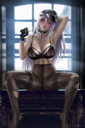 Rule 34 | 1girl, alexander dinh, azur lane, black bra, black gloves, blush, bra, breasts, cleavage, commentary, artistic error, gangut (azur lane), gangut (imposing warden) (azur lane), gloves, hair between eyes, hair ornament, hat, highres, large breasts, lingerie, long hair, looking at viewer, open mouth, pantyhose, red eyes, revision, silver hair, sitting, thighs, torn clothes, torn legwear, underwear, very long hair