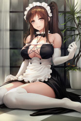 Rule 34 | 1girl, apron, bare shoulders, black ribbon, blush, breasts, brown eyes, brown hair, center opening, checkered floor, curtains, elbow gloves, frills, gloves, hair ribbon, highres, indoors, large breasts, long hair, maid, maid headdress, obaoba (monkeyix), original, parted lips, pink lips, rain, ribbon, side ponytail, sidelocks, sitting, skindentation, smile, solo, thighhighs, wariza, white gloves, white thighhighs, window
