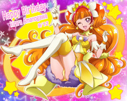Rule 34 | 1girl, ;), birthday, boots, cure twinkle, double bun, full body, gloves, go! princess precure, high heel boots, high heels, one eye closed, orange hair, panties, precure, purple eyes, smile, solo, thigh boots, thighhighs, twintails, underwear