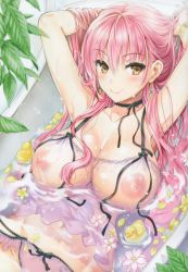 Rule 34 | 1girl, absurdres, armpits, arms up, bathtub, blush, breasts, brown eyes, collarbone, covered erect nipples, earrings, flower, hair lift, highres, huge filesize, jewelry, kojima saya, large breasts, leaf, long hair, looking at viewer, nail polish, navel, nipples, original, partially submerged, pink hair, rubber duck, see-through, shiny skin, smile, solo, sparkle, water, wet, wet clothes