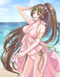 Rule 34 | 1girl, :d, bare shoulders, bikini, blush, breasts, brown eyes, brown hair, circle, circlet, cleavage, collarbone, commission, cowboy shot, fire emblem, fire emblem: mystery of the emblem, fire emblem: shadow dragon, fire emblem heroes, groin, hair ornament, highres, jewelry, kousetu0506, large breasts, linde (fire emblem), linde (summer) (fire emblem), long hair, looking at viewer, navel, nintendo, ocean, official alternate costume, one-piece swimsuit, open mouth, pink bikini, pink one-piece swimsuit, ponytail, sideboob, skeb commission, smile, solo, starfish, starfish hair ornament, sunlight, swimsuit, very long hair