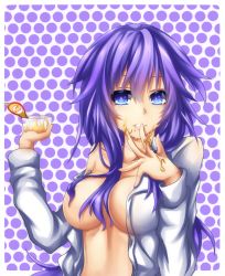 Rule 34 | 10s, 1girl, blue eyes, breasts, female focus, fi-san, food, large breasts, long hair, neptune (neptunia), neptune (series), open clothes, open shirt, pudding, purple hair, purple heart (neptunia), shirt, solo, symbol-shaped pupils