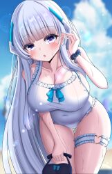 Rule 34 | 1girl, :o, absurdres, arm up, bag, beach, blue archive, blue sky, blunt bangs, blurry, blurry background, blush, breasts, cleavage, cloud, covered navel, day, grey hair, hair ornament, highres, holding, holding bag, kumanosora, large breasts, long hair, looking at viewer, noa (blue archive), ocean, one-piece swimsuit, open mouth, purple eyes, scrunchie, sky, solo, standing, swimsuit, thigh strap, very long hair, wet, white hair, white one-piece swimsuit, wrist scrunchie