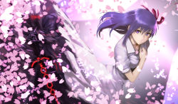 Rule 34 | 2girls, armor, artoria pendragon (all), artoria pendragon (fate), breasts, cherry blossoms, dress, fate/stay night, fate (series), gauntlets, highres, hinomoto madoka, long hair, looking at viewer, mask, matou sakura, multiple girls, official alternate costume, purple eyes, purple hair, saber alter, smile, sword, weapon