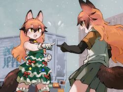 Rule 34 | 2girls, animal ears, bare shoulders, black choker, black gloves, brown hair, choker, christmas tree costume, commentary request, day, elbow gloves, excited, extra ears, female focus, fox ears, fox girl, fox tail, frilled thighhighs, frills, gloves, grey skirt, hair between eyes, jewelry, kemono friends, kemono friends 3, long hair, looking at another, meme, motor vehicle, multicolored hair, multiple girls, multiple persona, necklace, official alternate costume, open mouth, orange hair, orange shirt, outdoors, pleated skirt, pointing, pointing spider-man (meme), red fox (kemono friends), shirt, short sleeves, sidelocks, skirt, sleeveless, snowing, star (symbol), star necklace, t-shirt, tail, teeth, thighhighs, toki reatle, truck, two-tone shirt, upper teeth only, vehicle, very long hair, white gloves, white shirt, zettai ryouiki