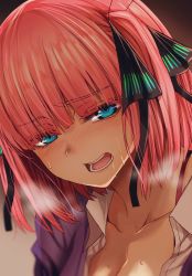 Rule 34 | 1girl, blue eyes, blunt bangs, blurry, blush, breasts, butterfly hair ornament, cleavage, collarbone, collared shirt, depth of field, dress shirt, go-toubun no hanayome, hair between eyes, hair ornament, heavy breathing, highres, hoshi san 3, looking at viewer, medium hair, nakano nino, open mouth, purple shirt, ribbon, shirt, simple background, solo, sweat, teeth, two side up, unbuttoned, unbuttoned shirt, upper body