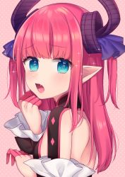 Rule 34 | 10s, 1girl, back, blue eyes, blush, elizabeth bathory (fate), elizabeth bathory (fate/extra ccc), elizabeth bathory (first ascension) (fate), fang, fate/extra, fate/extra ccc, fate (series), gloves, heart, heart-shaped pupils, horns, karokuchitose, long hair, looking at viewer, looking back, open mouth, partially fingerless gloves, pink gloves, pink hair, pointy ears, solo, sparkle, symbol-shaped pupils, upper body, wide sleeves
