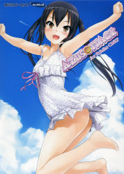 Rule 34 | 1girl, armpits, arms up, ass, barefoot, black hair, blush, cloud, cover, day, dress, feet, highres, jumping, k-on!, long hair, menyoujan, nakano azusa, no bra, no panties, open mouth, outdoors, outstretched arms, petite, sky, smile, solo, spread arms, sundress, twintails