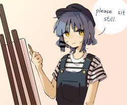 Rule 34 | 1girl, absurdres, alternate costume, black hat, blue hair, bocchi the rock!, canvas (object), hair ornament, hat, highres, holding, holding pencil, looking at viewer, machuuu68, medium hair, pencil, shirt, simple background, striped clothes, striped shirt, yamada ryo, yellow eyes