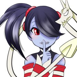 Rule 34 | 1girl, blue skin, colored skin, detached sleeves, finger to mouth, hair over one eye, leviathan (skullgirls), ringo tou hachimitsu, side ponytail, skullgirls, squigly (skullgirls), stitched mouth, stitches, zombie