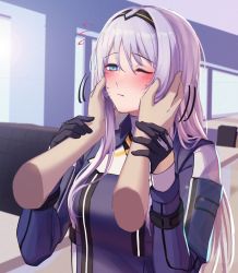 Rule 34 | 1girl, 3 small spiders, absurdres, an-94 (girls&#039; frontline), aqua eyes, black gloves, black hairband, blush, breasts, closed mouth, commentary, girls&#039; frontline, gloves, hairband, hands on own face, highres, long hair, looking at viewer, one eye closed, platinum blonde hair, silver hair, simple background, solo, sweatdrop, tactical clothes, upper body