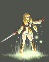 Rule 34 | 1girl, :d, blonde hair, boots, breasts, cloak, faux figurine, final fantasy, final fantasy tactics, flow, geomancer (fft), gloves, grass, holding, holding sword, holding weapon, long hair, long sleeves, low twintails, nraneco, open mouth, outdoors, purple eyes, round teeth, smile, solo, sword, teeth, twintails, weapon
