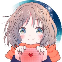 Rule 34 | 1girl, blush, brown hair, closed mouth, commentary request, fingernails, green eyes, hands up, heart, heart in eye, hiroshi (jasinloki), holding, long sleeves, looking at viewer, nail polish, orange scarf, original, red nails, scarf, smile, solo, symbol in eye