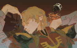 Rule 34 | 0ml, 1boy, absurdres, alcohol, blonde hair, char&#039;s counterattack, char aznable, closed eyes, closed mouth, cup, drinking glass, expressionless, film grain, gundam, hair down, high collar, highres, jacket, long sleeves, lying, male focus, military uniform, on floor, red background, red jacket, scar, scar on face, scar on forehead, short hair, simple background, solo, spill, uniform, upper body