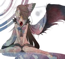 Rule 34 | 1girl, barefoot, black wings, bow, breasts, cleavage, female focus, hair bow, large wings, long hair, looking away, mito (calcomer), radiation symbol, reiuji utsuho, sitting, solo, tattoo, touhou, v arms, wariza, wings