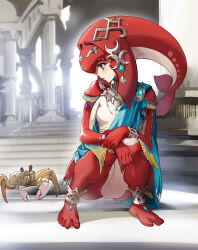 Rule 34 | 1girl, animal, ass, barefoot, blush, bracelet, breasts, colored skin, crab, day, fins, fish girl, gem, hair ornament, highres, jewelry, long hair, looking at animal, medium breasts, mipha, monster girl, multicolored skin, necklace, nintendo, nyoro (nyoronyoro000), outdoors, own hands together, pointy ears, red skin, solo, squatting, the legend of zelda, the legend of zelda: breath of the wild, yellow eyes, zora