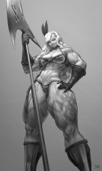 Rule 34 | 1girl, abs, absurdres, amazon (dragon&#039;s crown), armor, axe, battle axe, bikini, boots, breasts, chainmail, circlet, cowboy shot, dragon&#039;s crown, feather hair ornament, female pubic hair, gloves, grey background, greyscale, hair ornament, hand on own hip, highres, large breasts, long hair, low-angle shot, low angle, monochrome, muscular, muscular female, pubic hair, pubic hair peek, smile, solo, swimsuit, tattoo, thick thighs, thighs, vanillaware, wass nonnam, weapon