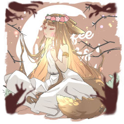 Rule 34 | 1girl, angelica (k3lly), artist name, blurry, blush, branch, commentary, crescent moon, depth of field, dress, flower, hair flower, hair ornament, head wreath, highres, long hair, moon, pink flower, sitting, solo, stitched blush, tail, very long hair, white dress, wolf tail