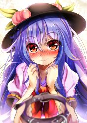 Rule 34 | 1girl, black headwear, blue hair, blush, bow, bowtie, brown eyes, closed mouth, collar, commentary request, eyes visible through hair, food, fruit, giving, hair between eyes, hat, highres, hinanawi tenshi, kana (user rkuc4823), leaf, long hair, looking at viewer, masochism, nose blush, peach, pov, puffy short sleeves, puffy sleeves, red bow, shirt, short sleeves, smile, solo focus, sparkle, touhou, upper body, white shirt