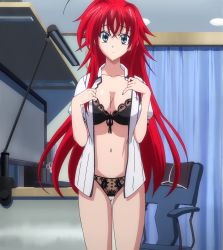 Rule 34 | 10s, 1girl, ahoge, bedroom, bra, breasts, cleavage, demon girl, high school dxd, highres, large breasts, lingerie, long hair, looking at viewer, open mouth, panties, red hair, rias gremory, school uniform, screencap, solo, standing, stitched, third-party edit, underwear, undressing