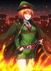 Rule 34 | 1girl, :p, alice margatroid, ass, belt, blonde hair, blush, breast pocket, breasts, closed mouth, collared shirt, commentary request, cookie (touhou), cowboy shot, fire, fire, green skirt, hair between eyes, hat, highres, hinase (cookie), holding, holding whip, jacket, jacket on shoulders, lips, long sleeves, looking at viewer, medium breasts, necktie, peaked cap, pencil skirt, pocket, red eyes, red necktie, shirt, short hair, skirt, tarmo, tongue, tongue out, touhou, whip, white shirt