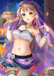 Rule 34 | 1girl, :d, absurdres, anklet, armlet, bandeau, bare shoulders, bracelet, breasts, brown hair, circlet, cowboy shot, dancer, earrings, hands up, happy birthday, highres, jewelry, long hair, looking at viewer, love live!, love live! school idol project, medium breasts, midriff, minami kotori, miniskirt, navel, night, open mouth, orange eyes, outdoors, skirt, smile, solo, stomach, veil, yoshinon (yoshinon kotori)