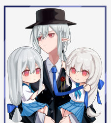 Rule 34 | 3girls, aged down, arknights, bad id, bad pixiv id, black headwear, black suit, blue neckerchief, blue necktie, blue skirt, carrying, carrying person, closed mouth, collared shirt, cube (cuberoot-of-e), formal, gladiia (arknights), grey hair, hat, highres, long hair, low-tied long hair, multiple girls, neckerchief, necktie, red eyes, shirt, skadi (arknights), skirt, smile, specter (arknights), suit, very long hair, white shirt