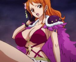 Rule 34 | 1girl, animal ear fluff, belly, bikini, breasts, gloves, huge breasts, large breasts, nami (one piece), navel, one piece, open mouth, orange hair, screencap, swimsuit, tattoo, upper body
