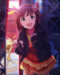 Rule 34 | &gt;:d, 10s, 1girl, :d, amami haruka, backstage, brown hair, fingerless gloves, gloves, green eyes, hair ornament, idolmaster, idolmaster (classic), idolmaster million live!, jacket, jpeg artifacts, official art, open mouth, smile, solo, v-shaped eyebrows