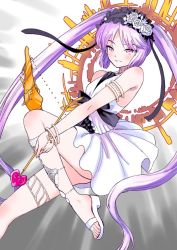 Rule 34 | 1girl, armlet, arrow (projectile), bare shoulders, black bow, blush, bow, bow (weapon), dress, euryale (fate), euryale (third ascension) (fate), fate/grand order, fate (series), flower, gold bracelet, grey background, hairband, holding, holding arrow, holding bow (weapon), holding weapon, long hair, looking at viewer, parted lips, purple eyes, purple hair, rose, sabaku chitai, sandals, smile, solo, twintails, very long hair, weapon, white dress, white flower, white footwear, white rose