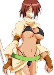 Rule 34 | 00s, 1girl, bikini, black bikini, breasts, brown hair, gloves, green eyes, mask, mitora5, navel, sand shaman, short hair, solo, swimsuit, tales of (series), tales of the abyss, tan, underboob, white background