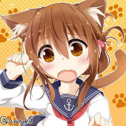 Rule 34 | 10s, 1girl, anchor symbol, animal ears, black skirt, blush, brown eyes, cat ears, cat tail, commentary request, fang, folded ponytail, hair between eyes, hair ornament, hairclip, inazuma (kancolle), kantai collection, kibunya, long hair, long sleeves, neckerchief, open mouth, pleated skirt, school uniform, serafuku, skirt, solo, tail, twitter username, wavy mouth